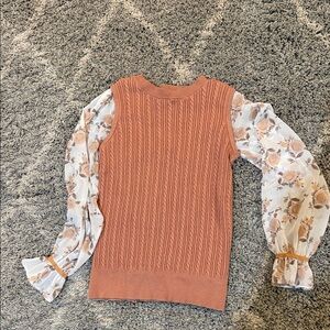 Women's Rust Cable Knit Sleeveless Sweater with Floral Sheer Sleeves